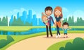 Happy family walks. Walk park city nature happiness families character mother father daughter son kids pet cartoon