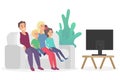 Happy family watching TV sitting on the couch sofa at home flat vector illustration.