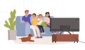 Happy family watching tv together vector flat illustration. Smiling cartoon mother, father and children relaxing at cozy Royalty Free Stock Photo