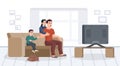 Happy family watching tv together vector flat illustration. Smiling cartoon mother, father and children relaxing at cozy living Royalty Free Stock Photo