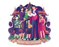 Happy Family wearing costumes celebrating Halloween night together. Parent and kids in costumes