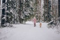 Happy family weekend - little cute girl in pink warm outwear walking having fun with red shiba inu dog in snowy white cold winter Royalty Free Stock Photo