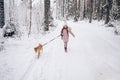 Happy family weekend - little cute girl in pink warm outwear walking having fun with red shiba inu dog in snowy white cold winter Royalty Free Stock Photo