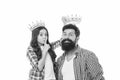 Happy family white background. Bearded man proud of his daughter. Play game with daughter. Fatherhood concept. Fun with Royalty Free Stock Photo