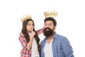 Happy family white background. Bearded man proud of his daughter. Play game with daughter. Fatherhood concept. Fun with
