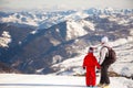 Happy family in winter clothing at the top of mount Kokhta, Georgia Royalty Free Stock Photo