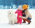 Happy family in winter day, mother and child walking