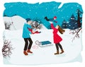Happy family in winter park. Parents, father and mother, are playing with their children outdoors. Vector flat illustration
