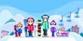 Happy family at winter ski resort, vector flat style illustration. Weekend travel in mountains, leisure outdoor concept Royalty Free Stock Photo