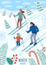 Happy young family on winter vacation. Skiing at the ski resort. Family time together in winter. Skiing in the mountains Royalty Free Stock Photo