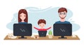 Happy Family working and studying at home with computer in cartoon style