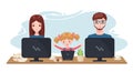 Happy Family working and studying at home with computer in cartoon style