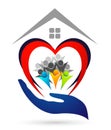 Happy Family in heart shaped logo love union home house roof logo parent kids parenting wellness care symbol icon design vector