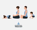 Happy Family yoga concept of people doing yoga exercises and sitting in lotus pose or meditation. 21 June International yoga day.