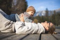 Happy family. Young mother playing with her baby boy infant oudoors on sunny autumn day. Portrait of mom and little son Royalty Free Stock Photo