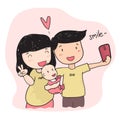 Drawing Happy family young parent taking selfie photo with baby Royalty Free Stock Photo