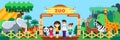 Happy family in zoo, flat style illustration. Weekend in park, leisure outdoor concept Royalty Free Stock Photo