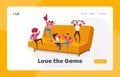 Happy Fans Cheering for their Team Victory and Success Landing Page Template. Tiny Characters with Funny Attribution