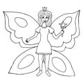 Happy fantasy doodle fairy butterfly princess flying with magic wand