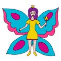 Happy fantasy doodle fairy butterfly princess flying with magic wand