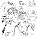 Happy farm doodles icons set. Hand drawn sketch with horse, cow, sheep pig and barn. childlike cartoony sketchy vector