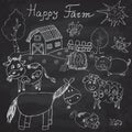 Happy farm doodles icons set. Hand drawn sketch with horse, cow, sheep pig and barn. childlike cartoony sketchy vector