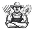 Happy farmer with arms crossed and gardening tools. Farm worker sketch. Hand drawn vintage vector illustration Royalty Free Stock Photo