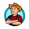 Happy Farmer In Hat Cartoon. Agriculture, Farm Logo Vector Illustration