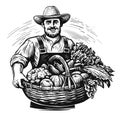 Happy farmer with hat with freshly picked vegetables in basket. Fresh organic farm food. Sketch vector illustration Royalty Free Stock Photo