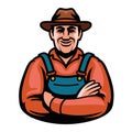 Happy farmer in hat and overalls emblem or logo. Farm worker symbol. Farming, agriculture concept. Vector illustration