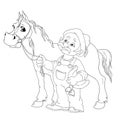 A happy farmer and his horse. Cartoon characters. Vector isolated coloring book. Royalty Free Stock Photo