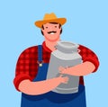 Happy farmer holding a big milk can. Dairy farm, cartoon vector illustration