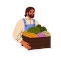 Happy farmer holding fresh vegetables in crate. Agriculture worker with wooden box, organic farm harvest, natural eco
