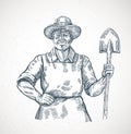 Happy farmer holding a shovel in his hands. Royalty Free Stock Photo