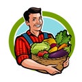 Happy farmer holding wicker basket full of fresh vegetables. Agriculture, farm, harvest concept. Cartoon vector