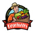 Happy Farmer Holding Wicker Basket With Vegetables. Cartoon Vector Illustration