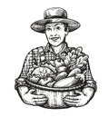 Happy farmer holds a wicker basket full of fresh vegetables. Farm, harvest, agriculture concept. Sketch vector