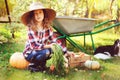 Happy child girl with spaniel dog playing little farmer in autumn garden and picking vegetable harvest Royalty Free Stock Photo