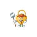 Happy Farmer love padlock cartoon mascot with hat and tools