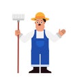 Happy farmer with pitchfork cartoon vector.Man with rake standing