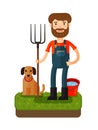 Happy Farmer With A Pitchfork. Vector Icon. Cartoon Illustration