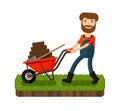 Happy farmer pushing a cart with black earth. Cartoon vector illustration