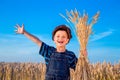 Happy farmer's boy on wheat field Royalty Free Stock Photo