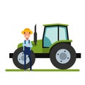 Happy Farmer standing next to the new tractor. Machinery for agriculture. The worker on the plantations or in the garden