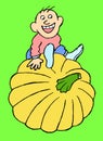 Happy farmer who raised pumpkin. Caricature image. Color illustration