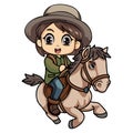 Happy farmer riding a horse character illustration in doodle style