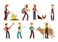 Happy farmers with agricultural tools and planting vector characters set Royalty Free Stock Photo