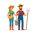 Happy farmers vector flat design isolated on white background. Cartoon characters of man and woman farming concept