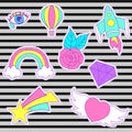 Happy fashion vector patches, retro sweet badges with heart, sta