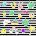 Happy fashion vector patches, retro sweet badges with smile, cloud, diamond, rainbow, clover, space. Cute pink, blue bottle , che